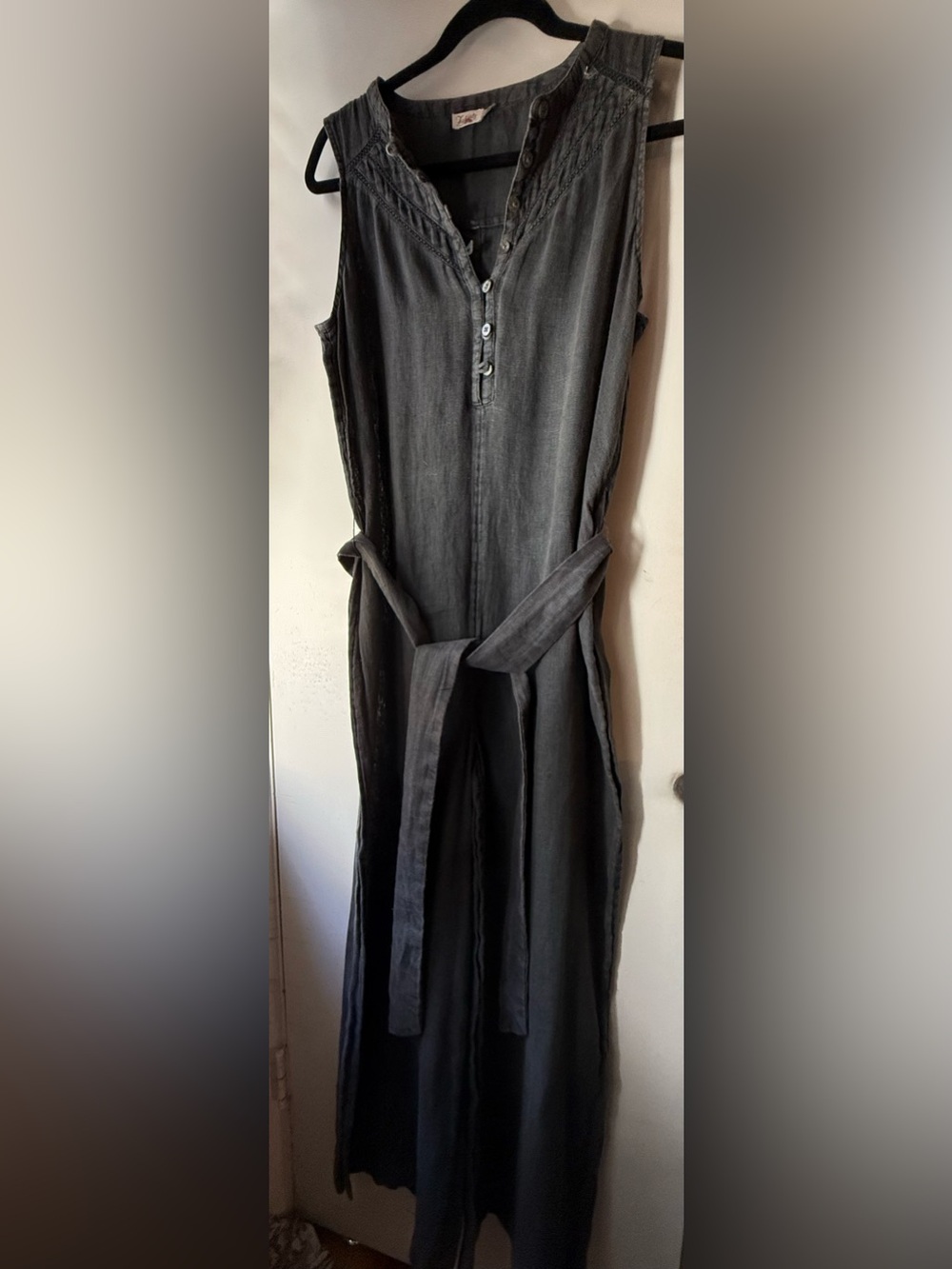 Faherty Charcoal Gray Linen Jumpsuit with Waist Tie